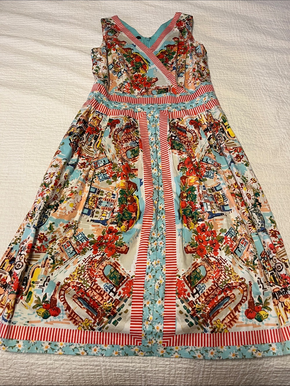 Talbots Multicolor Floral & Scenic Fit-and-Flare Dress with Aqua Trim Size 2